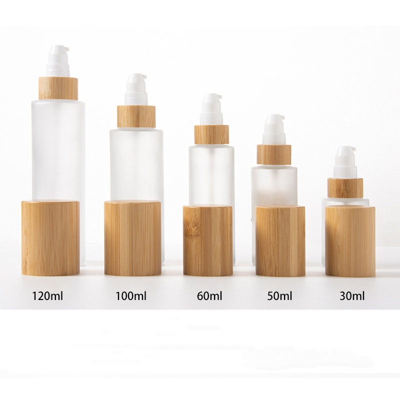 Frosted Cosmetic Lotion Pump Fine Mist และขวดสเปรย์แก้วโลชั่นพร้อมฝาไม้ไผ่ Frosted Cosmetic Lotion Pump Fine Mist และขวดสเปรย์แก้วโลชั่นพร้อมฝาไม้ไผ่