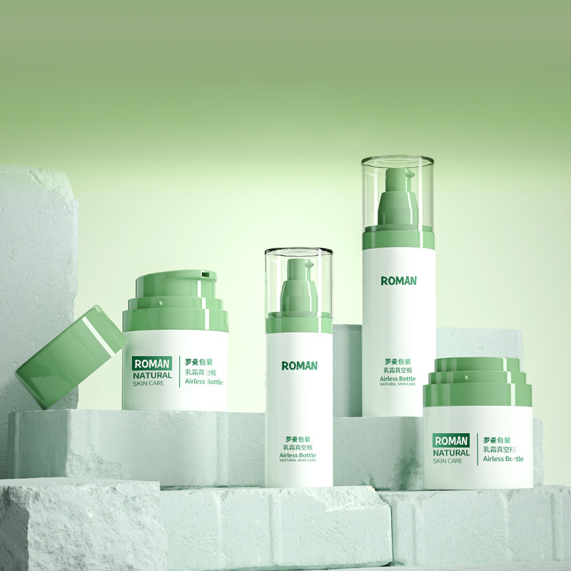 บรรจุภัณฑ์เครื่องสำอางพลาสติกขวดครีมบำรุงผิวหน้า 30ml 50ml 80ml ชุดขวดปั๊มสุญญากาศสีเขียวพร้อมไฟฟ้าสำหรับขวดเซรั่มต่อต้านวัย