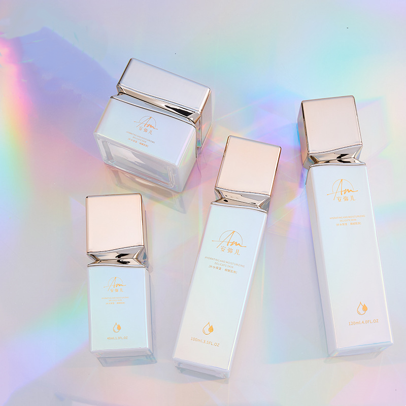 ขวดครีมแก้วทรงสี่เหลี่ยมที่มีเอฟเฟกต์สีรุ้งสำหรับครีมหน้าและครีมบำรุงรอบดวงตา ขวดครีมแก้วทรงสี่เหลี่ยมที่มีเอฟเฟกต์สีรุ้งสำหรับครีมหน้าและครีมบำรุงรอบดวงตา