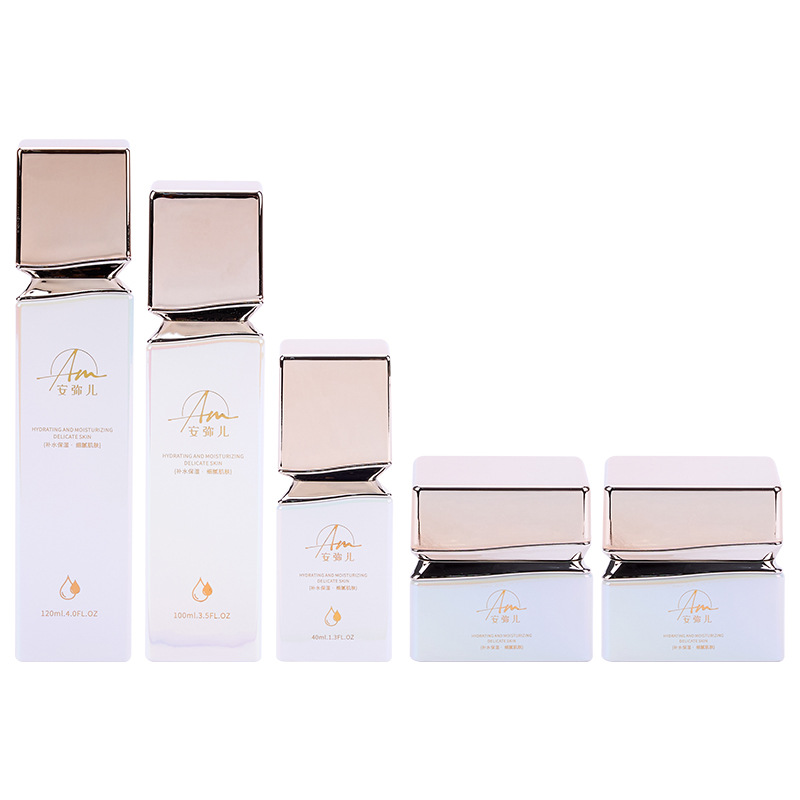 ขวดครีมแก้วทรงสี่เหลี่ยมที่มีเอฟเฟกต์สีรุ้งสำหรับครีมหน้าและครีมบำรุงรอบดวงตา ขวดครีมแก้วทรงสี่เหลี่ยมที่มีเอฟเฟกต์สีรุ้งสำหรับครีมหน้าและครีมบำรุงรอบดวงตา