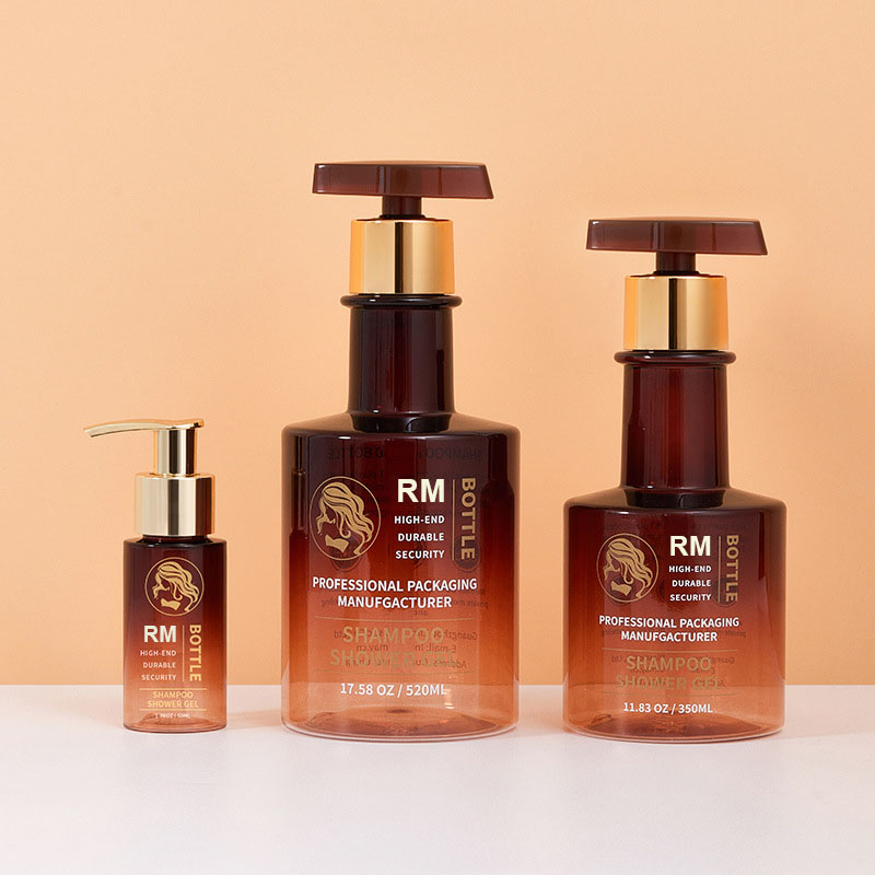 ฟรีตัวอย่าง Amber สีดำทองคอยาวขวดแชมพูที่ว่างเปล่าล้างมือขวดพลาสติกโลชั่นขวดปั๊ม 300ml 500ml